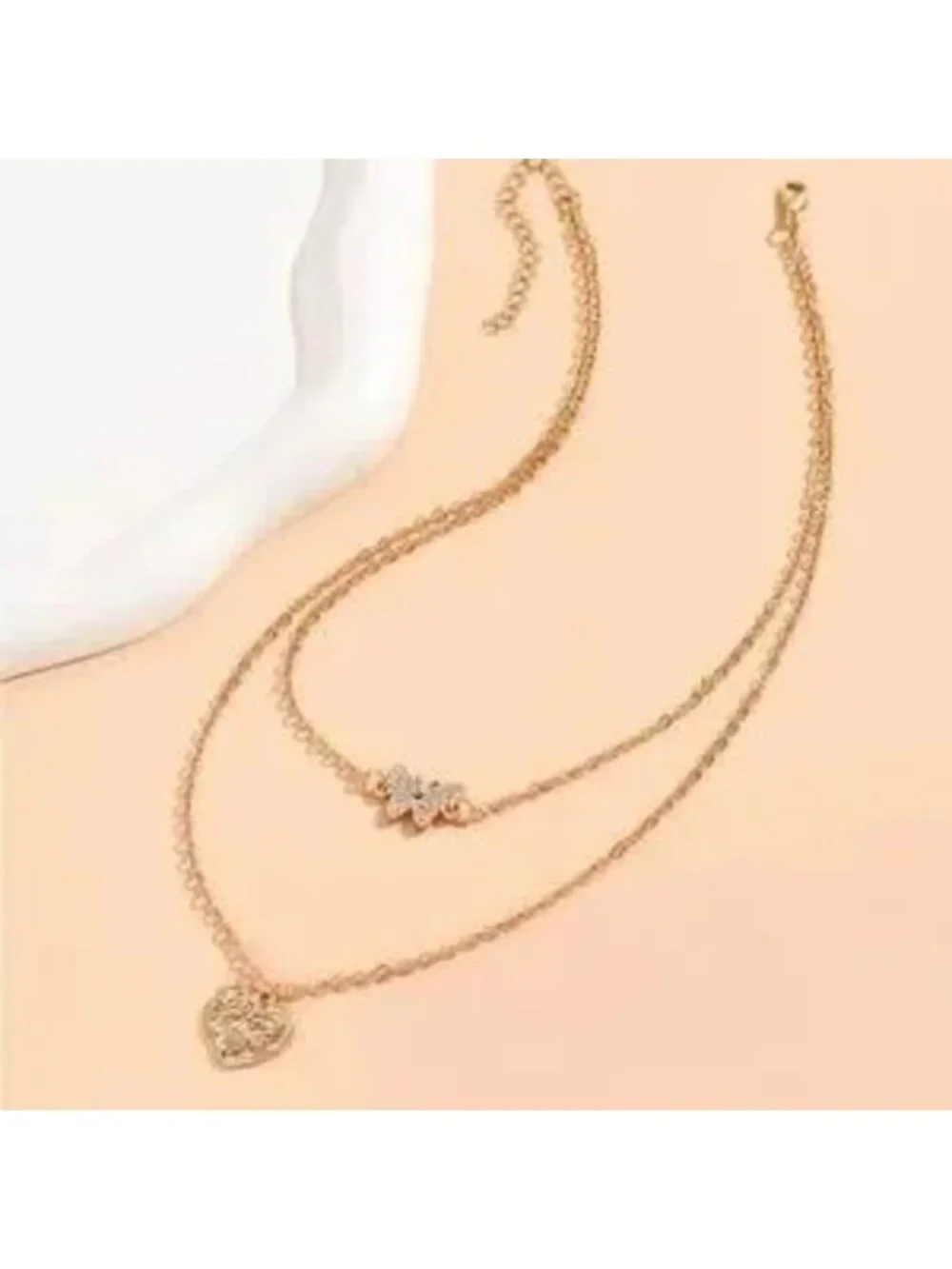 Gold Crystal Butterfly Heart Layered Necklace